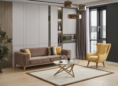 Sofagarnitur Sofa 4 Sitzer Sessel Gelb Stoff Btaun Modern Viersitzer